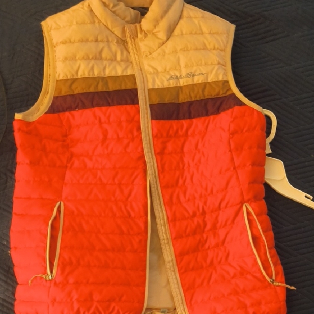Eddie Bauer Quilted Red and Tan Vest with Stand-Up Collar